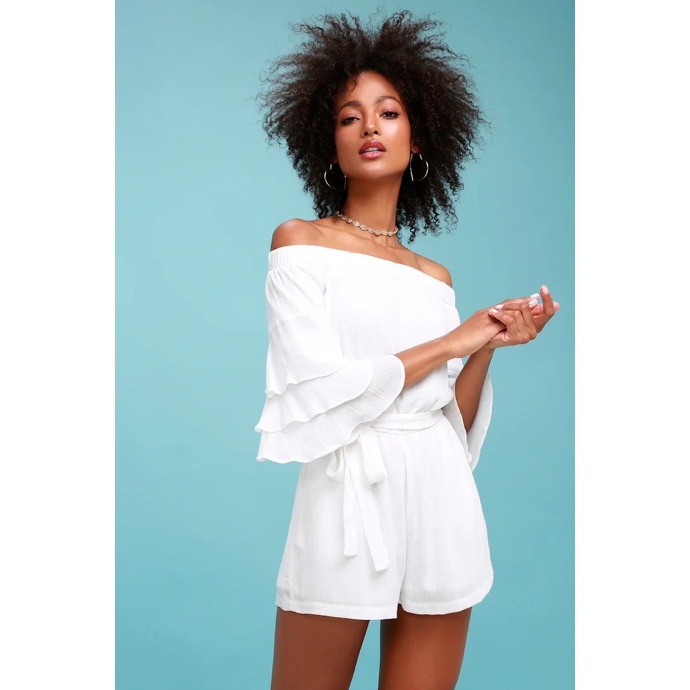 Off-Shoulder White Romper with Tiered Bell Sleeves